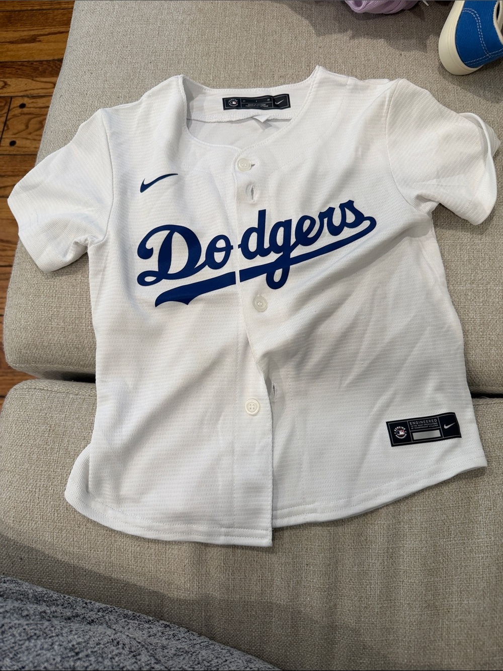 Nike White Dodgers Kids Button Baseball Jersey with Blue Script